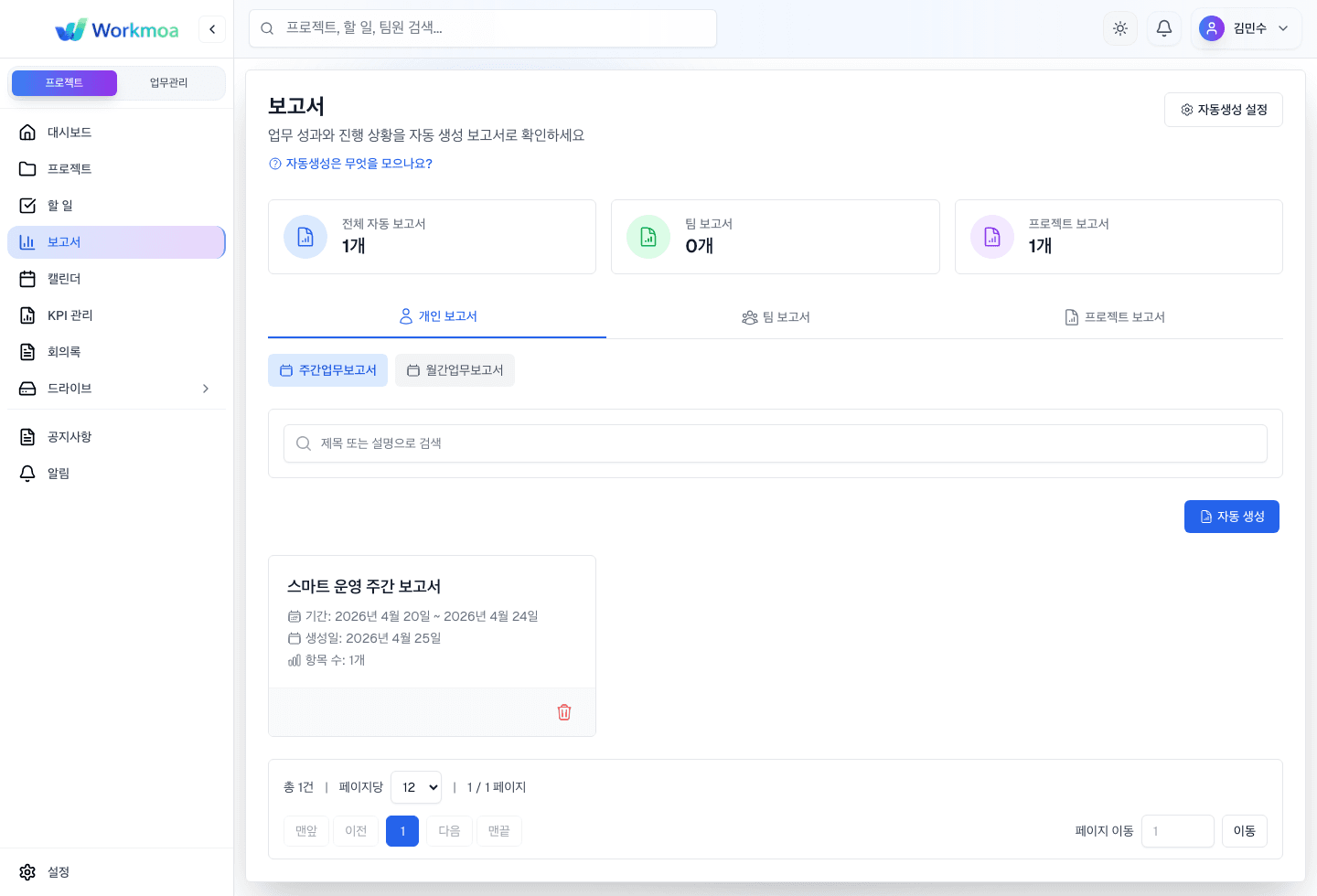 보고서 화면에서 보고서 통계, 필터, 보고서 목록을 확인하는 화면
